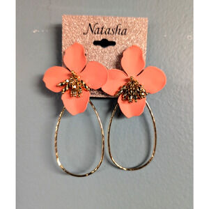 Natasha Flower Earrings 3" Gold Tone Hoop Coral Stud Back Tropical Hisbiscus